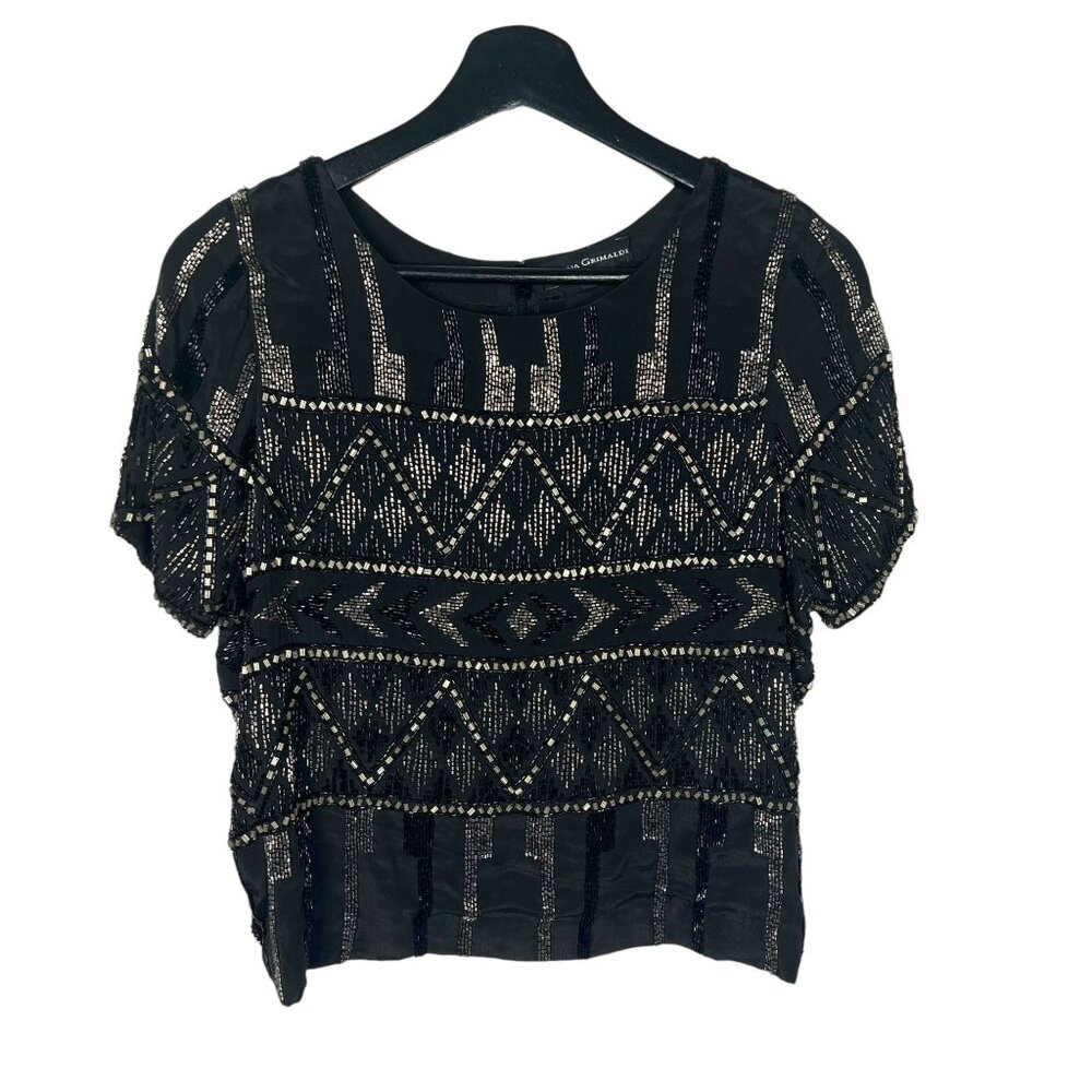 Karina Grimaldi Black Beaded Short Sleeve Silk Top Small